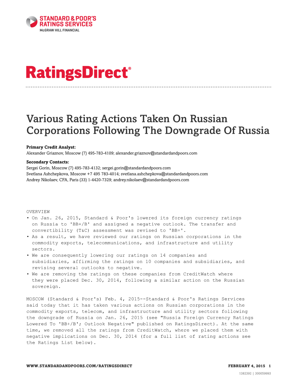 Various Rating Actions Taken on Russian Corporations Following the Downgrade of Russia