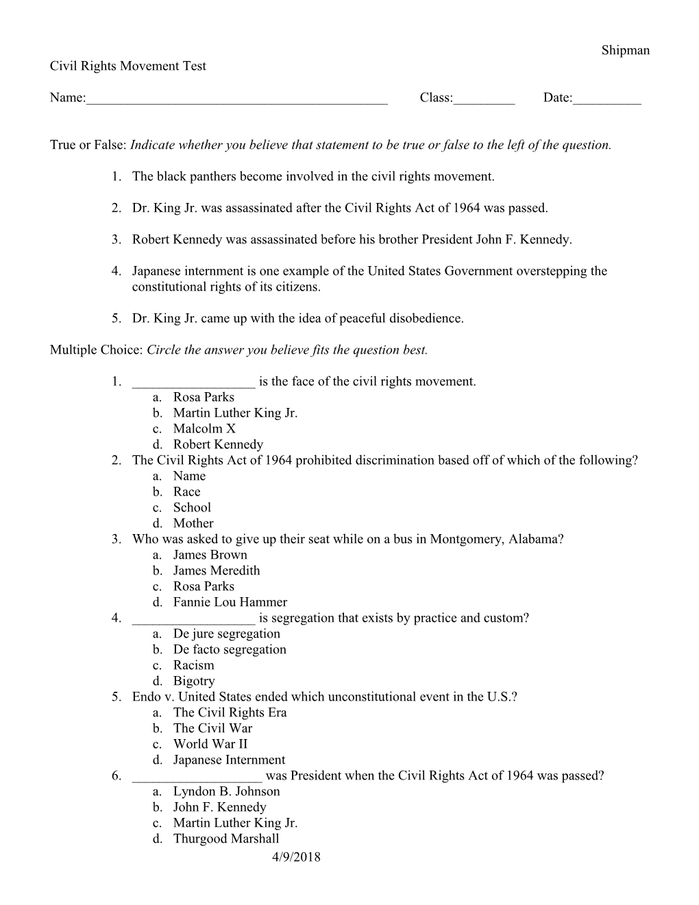 Civil Rights Movement Test