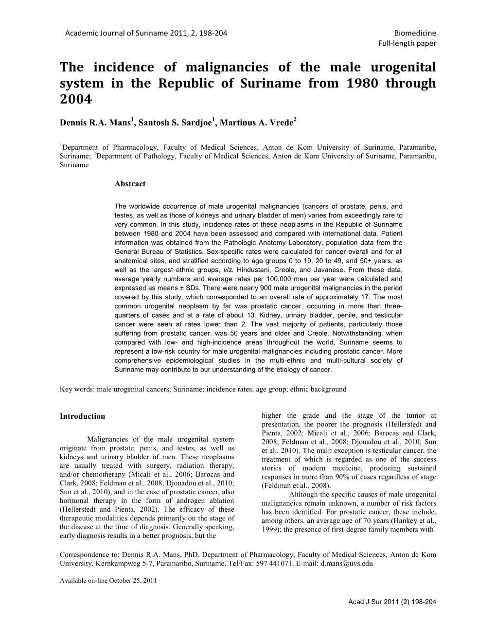 Male Urogenital Cancers in Suriname 199