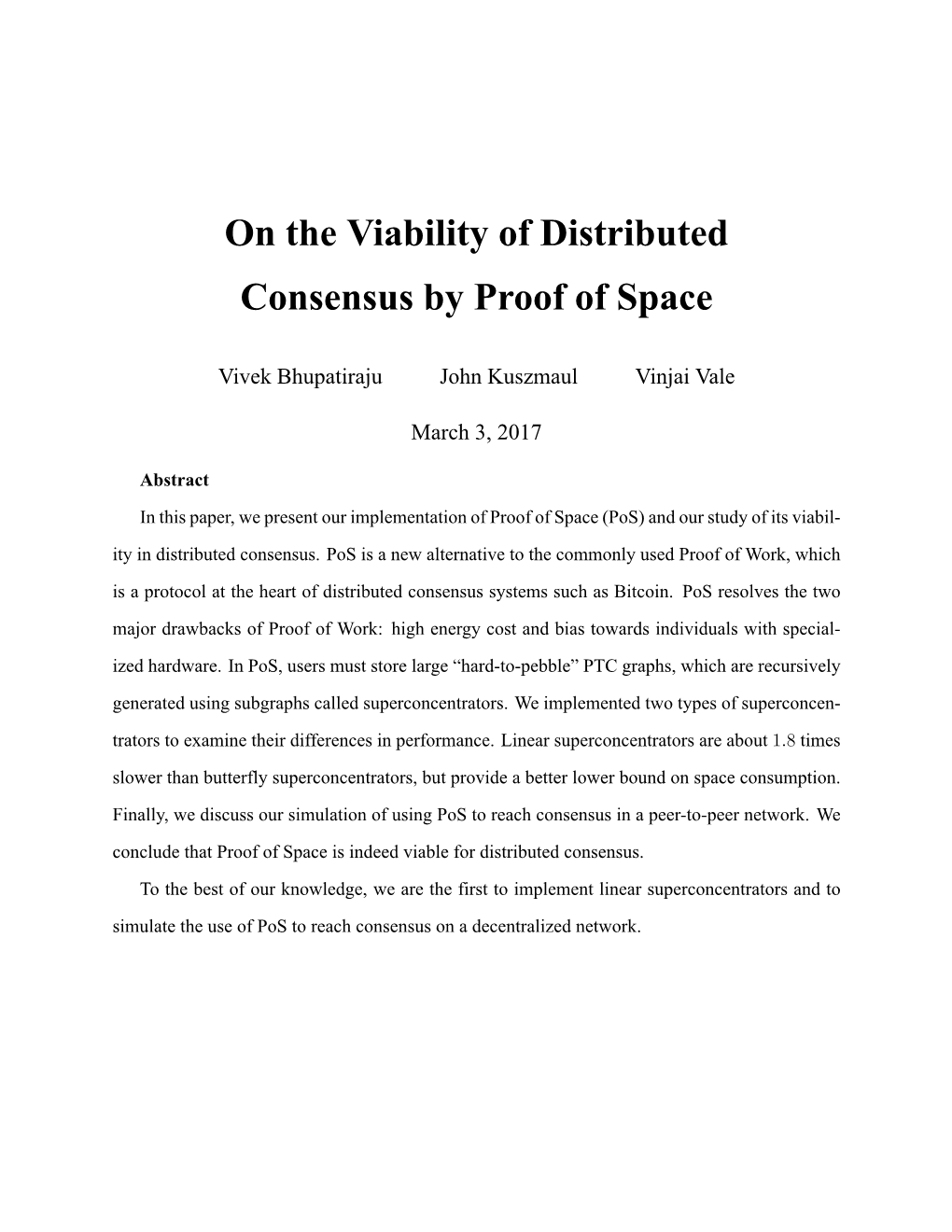 On the Viability of Distributed Consensus by Proof of Space