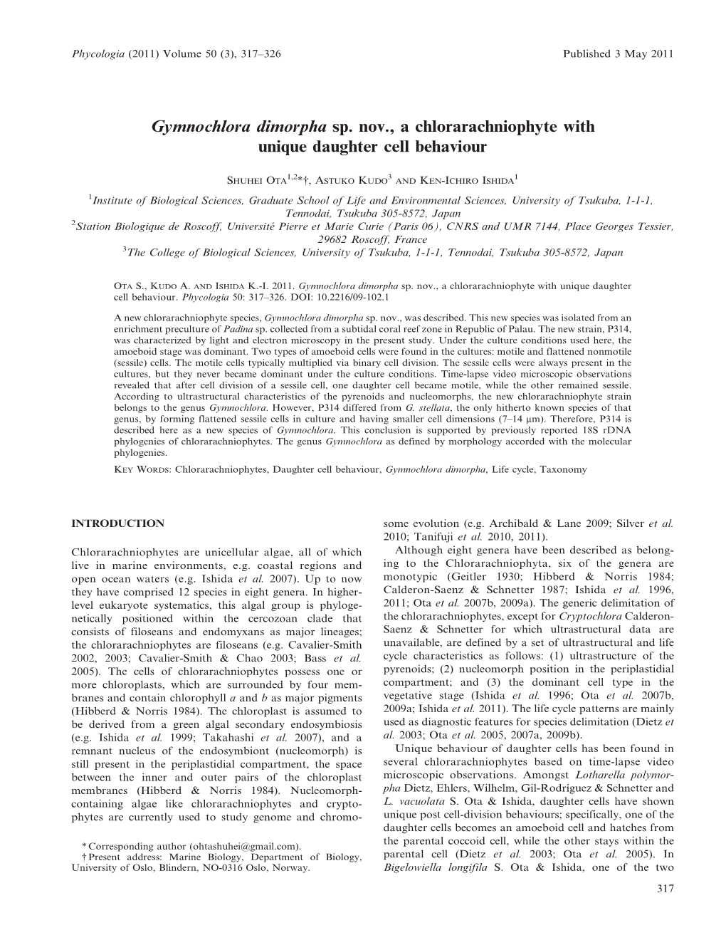 Gymnochlora Dimorpha Sp. Nov., a Chlorarachniophyte with Unique Daughter Cell Behaviour