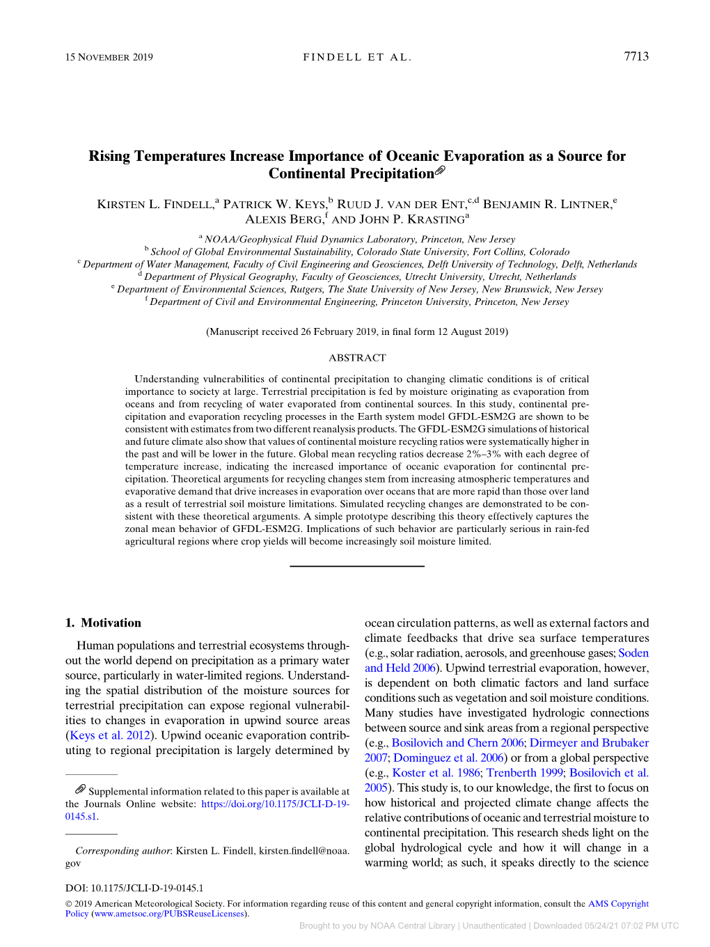 Rising Temperatures Increase Importance of Oceanic Evaporation As a Source for Continental Precipitation