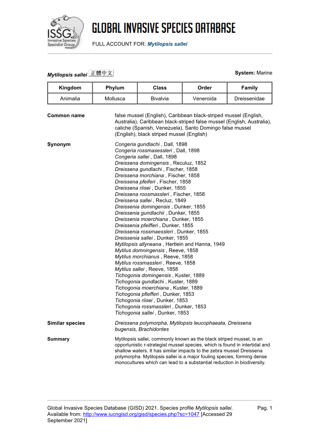 (GISD) 2021. Species Profile Mytilopsis Sallei. Available F