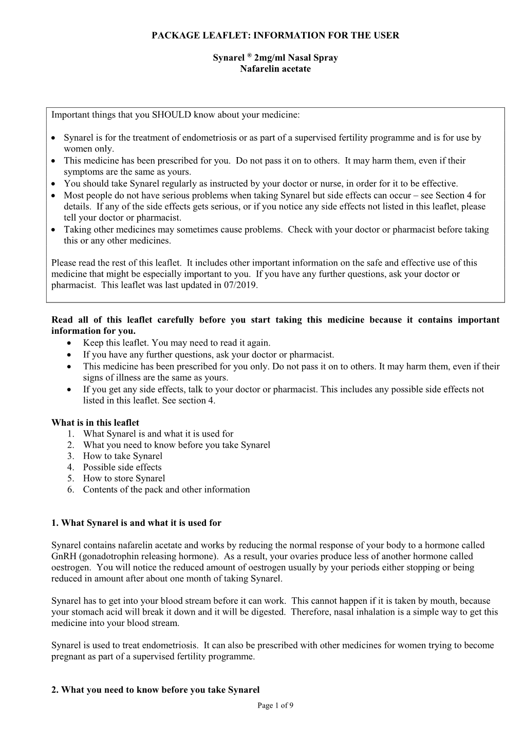 INFORMATION for the USER Synarel ® 2Mg/Ml Nasal Spray