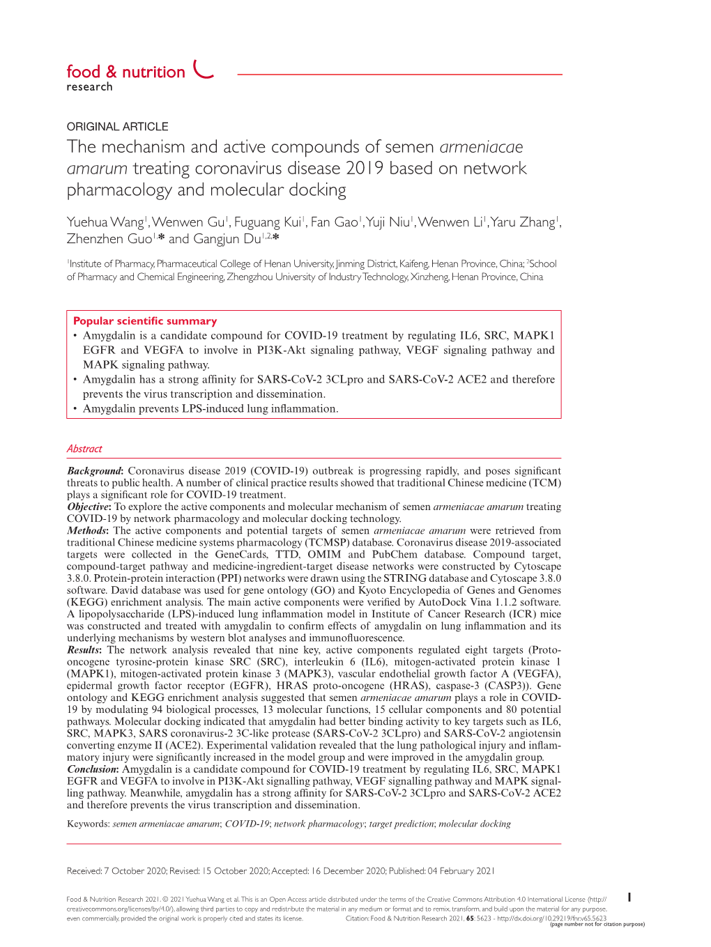 The Mechanism and Active Compounds of Semen Armeniacae Amarum Treating Coronavirus Disease 2019 Based on Network Pharmacology and Molecular Docking