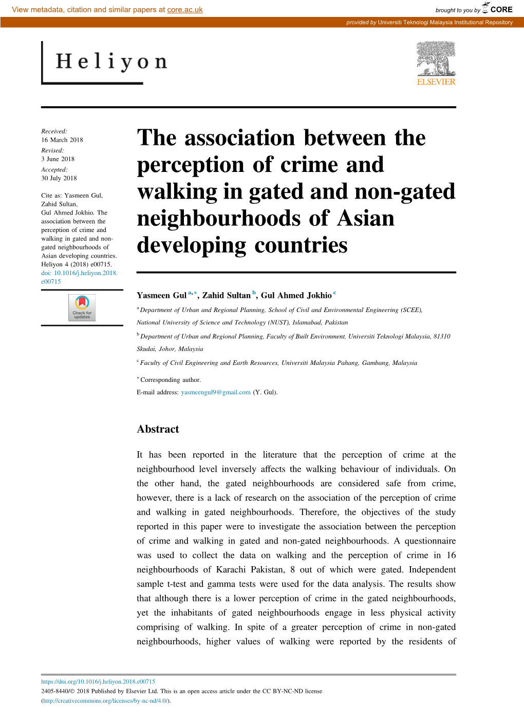 The Association Between the Perception of Crime and Walking in Gated and Non-Gated Neighbourhoods of Asian Developing Countries