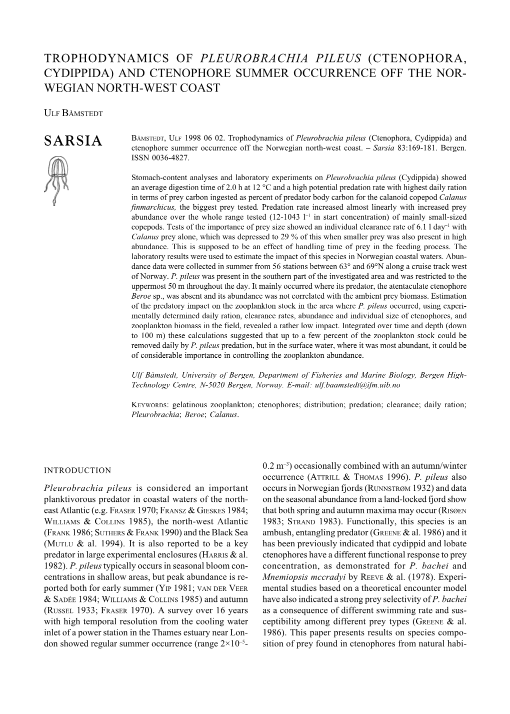 SARSIA Ctenophore Summer Occurrence Off the Norwegian North-West Coast