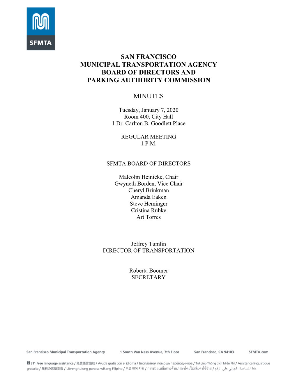 San Francisco Municipal Transportation Agency Board of Directors and Parking Authority Commission Minutes