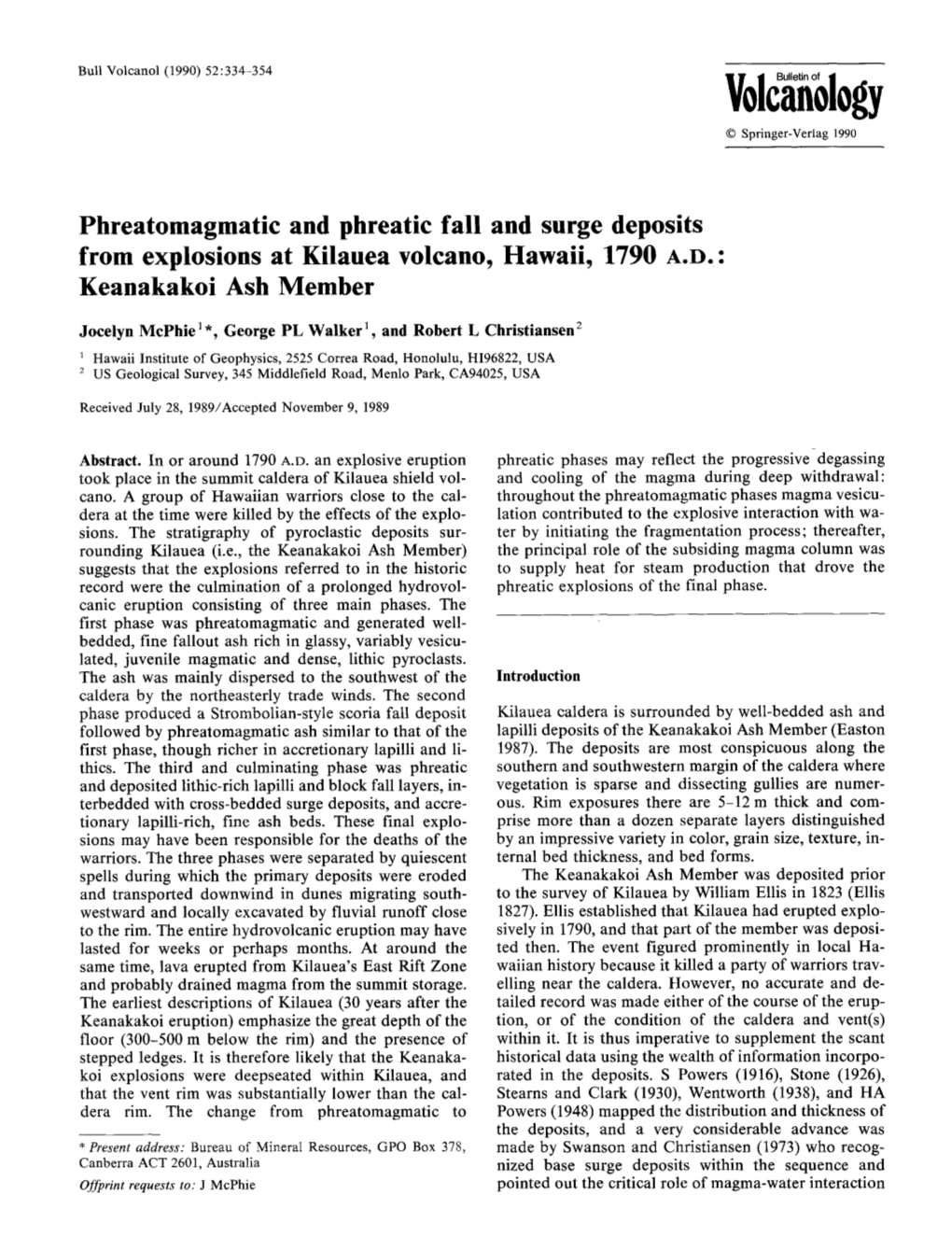 Phreatomagmatic and Phreatic Fall and Surge Deposits from Explosions at Kilauea Volcano, Hawaii, 1790 A.D.: Keanakakoi Ash Member