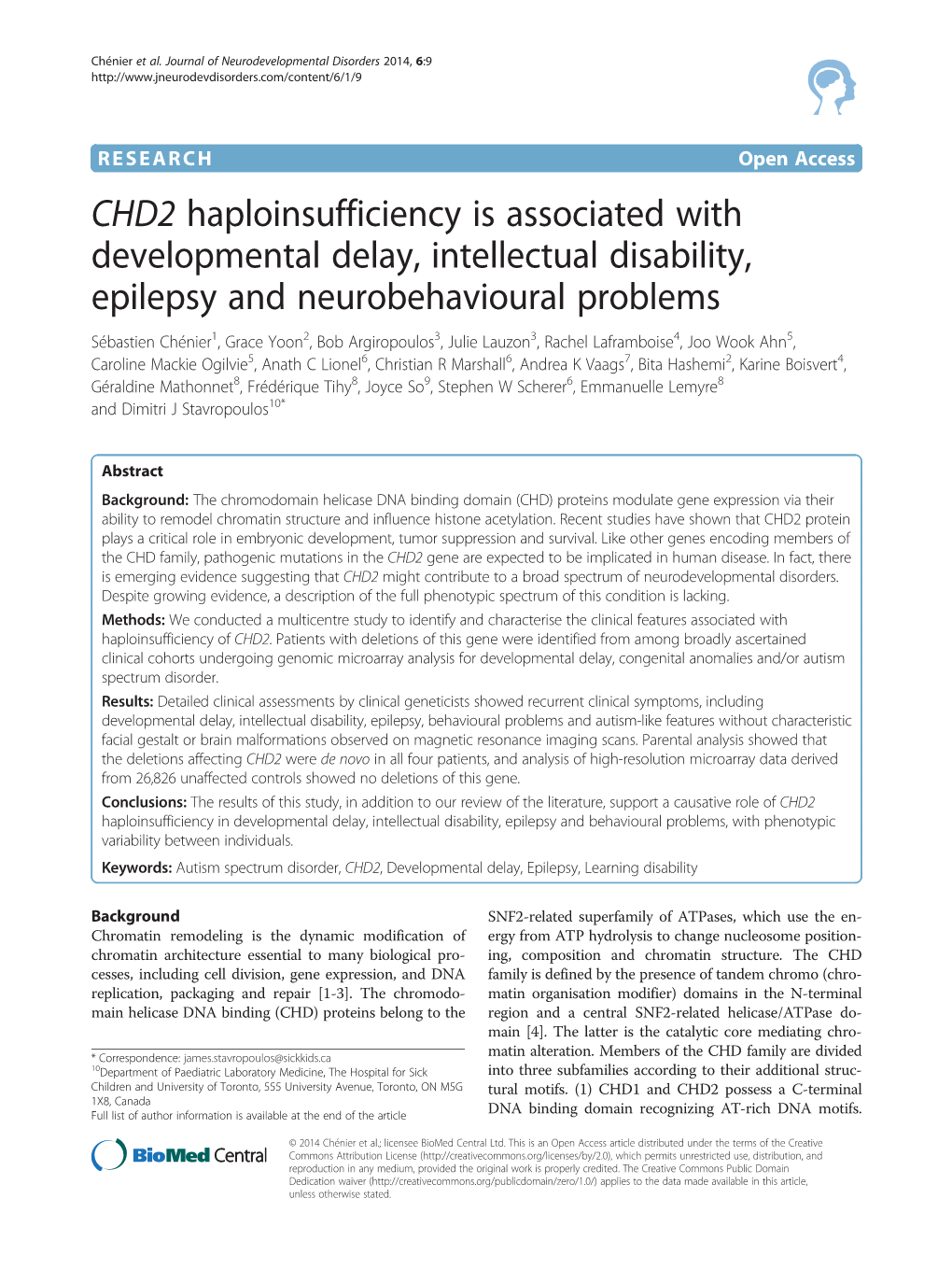 CHD2 Haploinsufficiency Is Associated with Developmental Delay