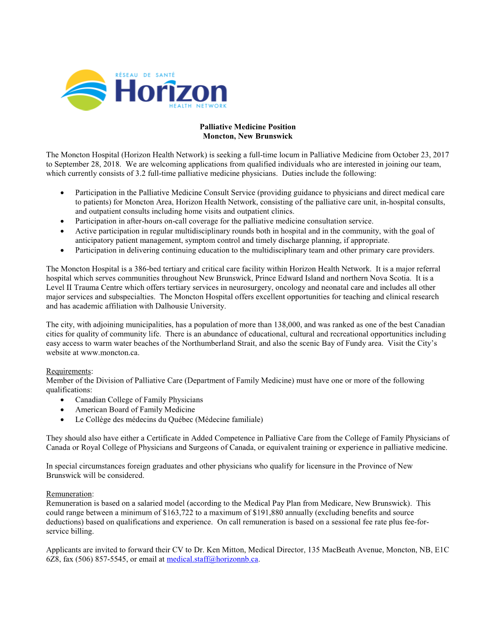 Horizon Health Network) Is Seeking a Full-Time Locum in Palliative Medicine from October 23, 2017 to September 28, 2018