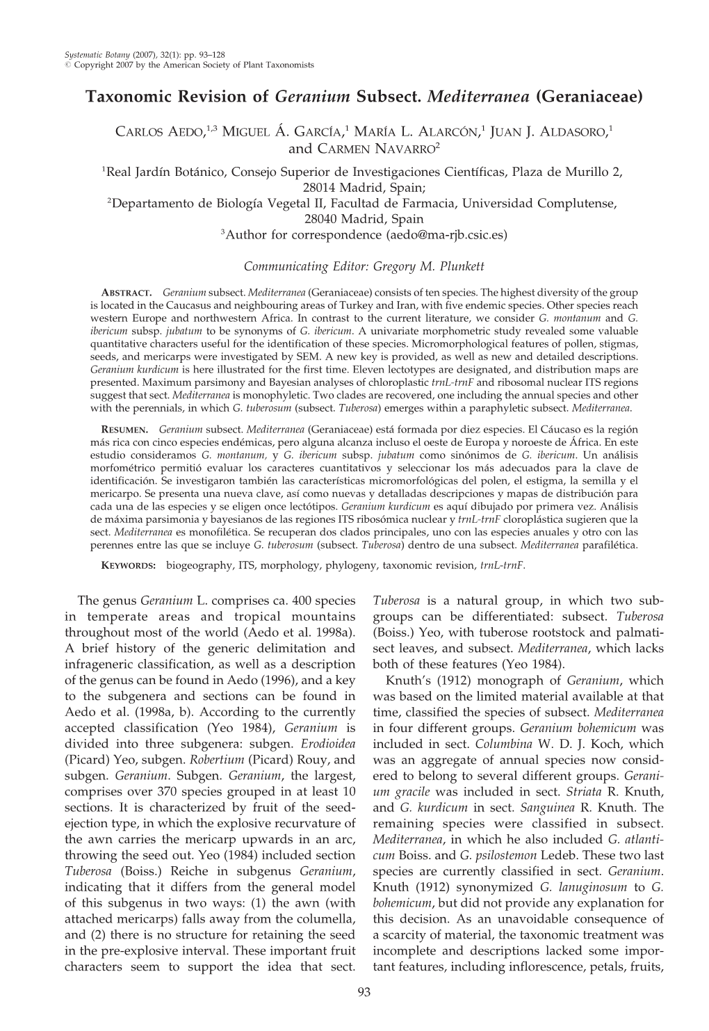 Taxonomic Revision of Geranium Subsect. Mediterranea (Geraniaceae)