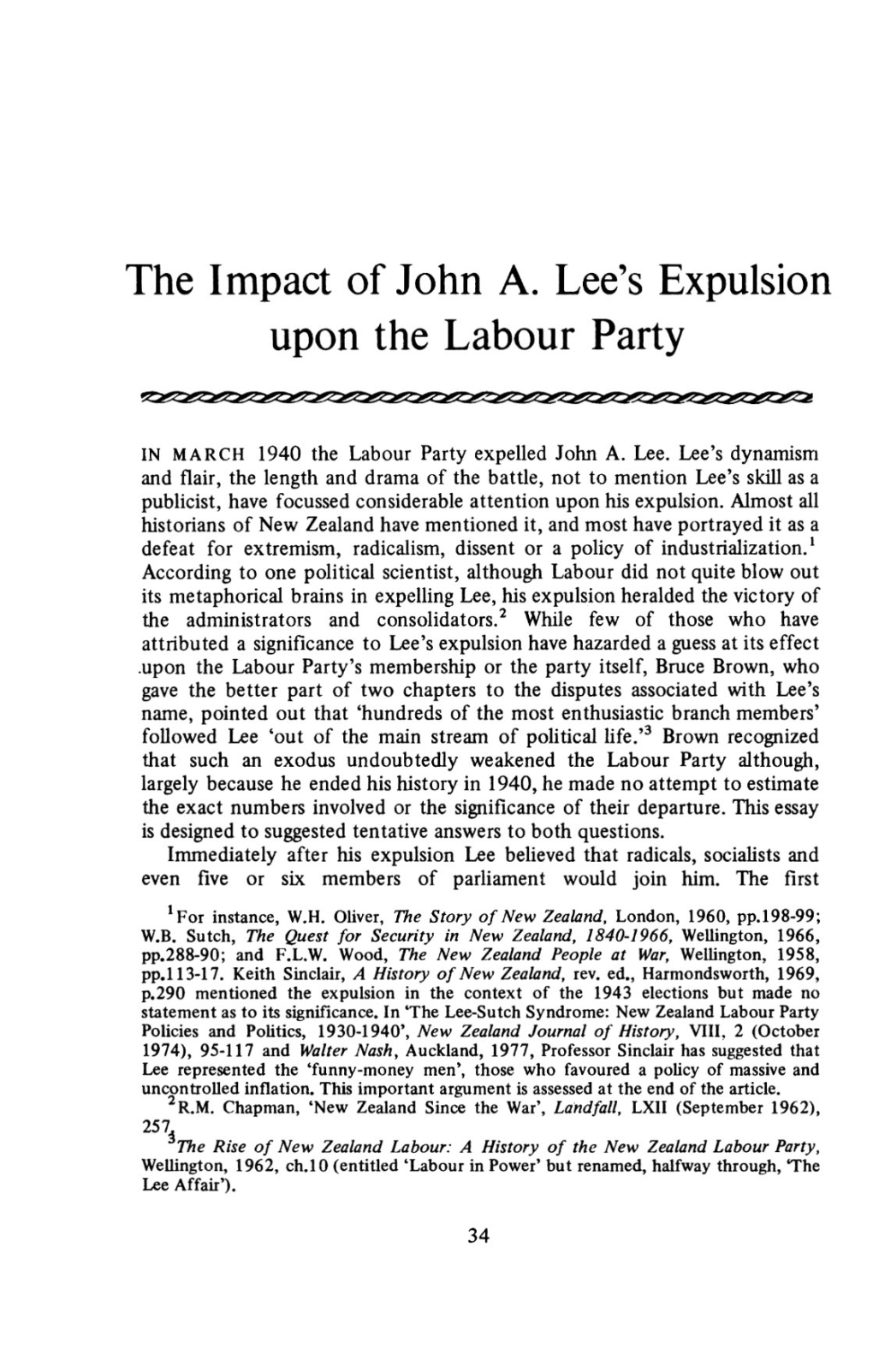 The Impact of John A. Lee's Expulsion Upon the Labour Party