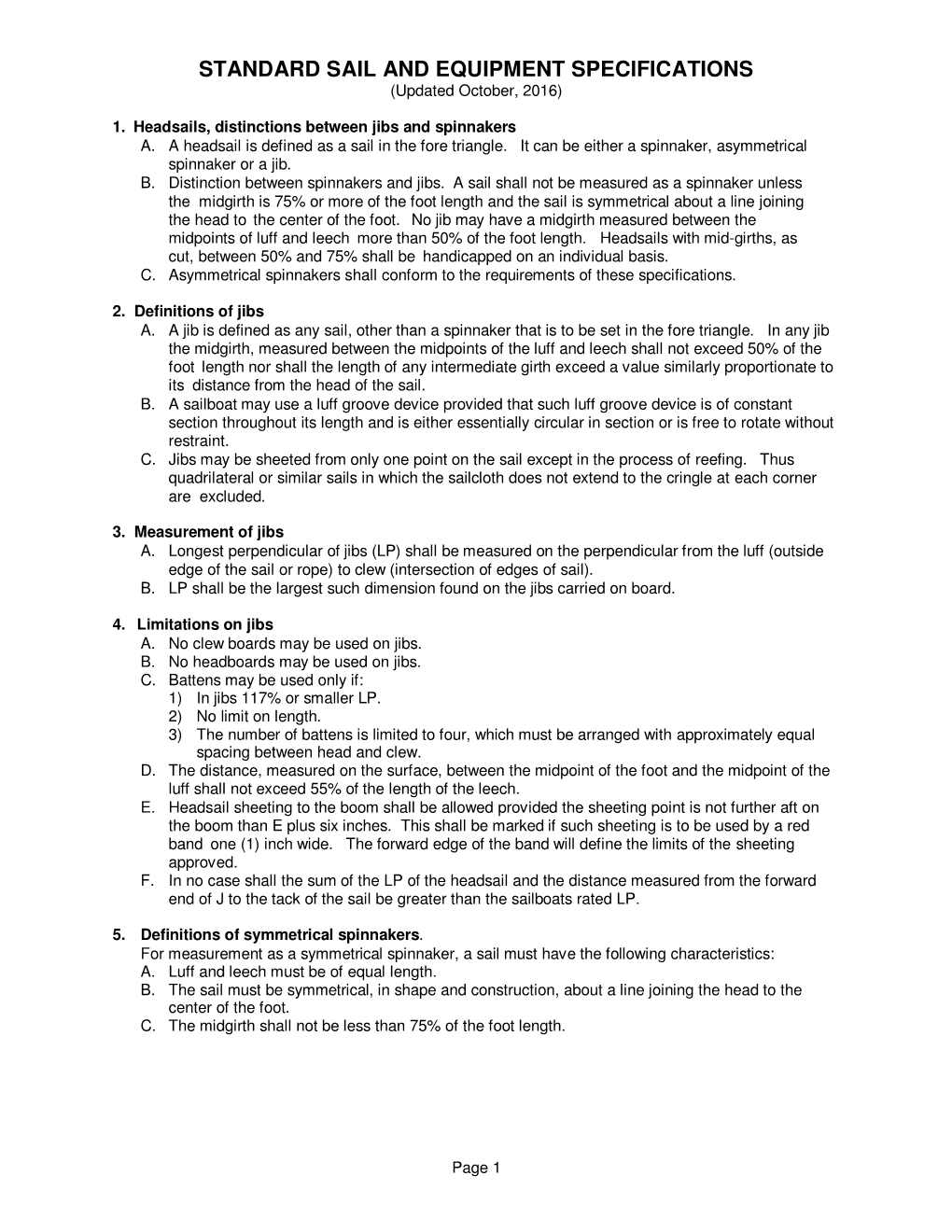 STANDARD SAIL and EQUIPMENT SPECIFICATIONS (Updated October, 2016)