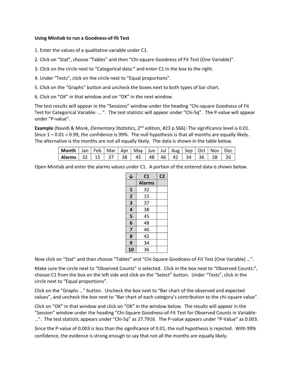 Using Minitab to Run a Goodness‐Of‐Fit Test 1. Enter the Values of A