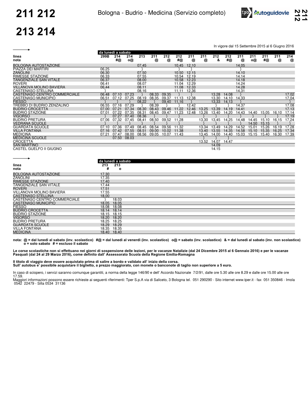 Bologna - Budrio - Medicina (Servizio Completo) 213 214