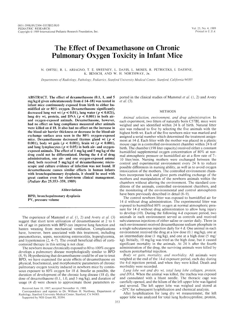 The Effect of Dexamethasone on Chronic Pulmonary Oxygen Toxicity in Infant Mice