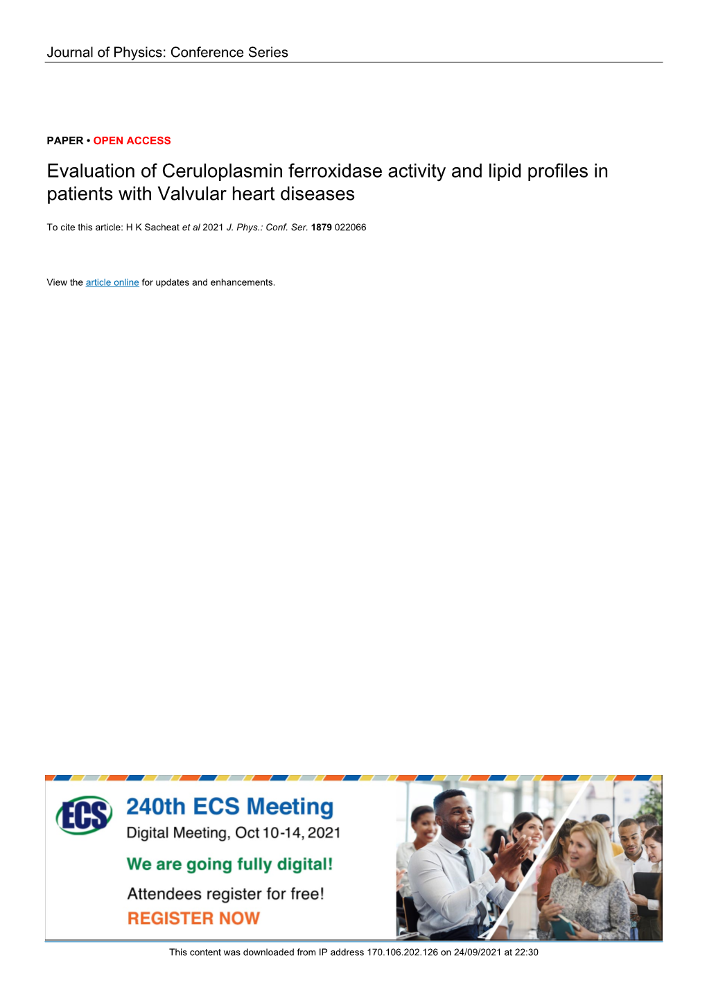 PDF, Evaluation of Ceruloplasmin Ferroxidase Activity and Lipid Profiles