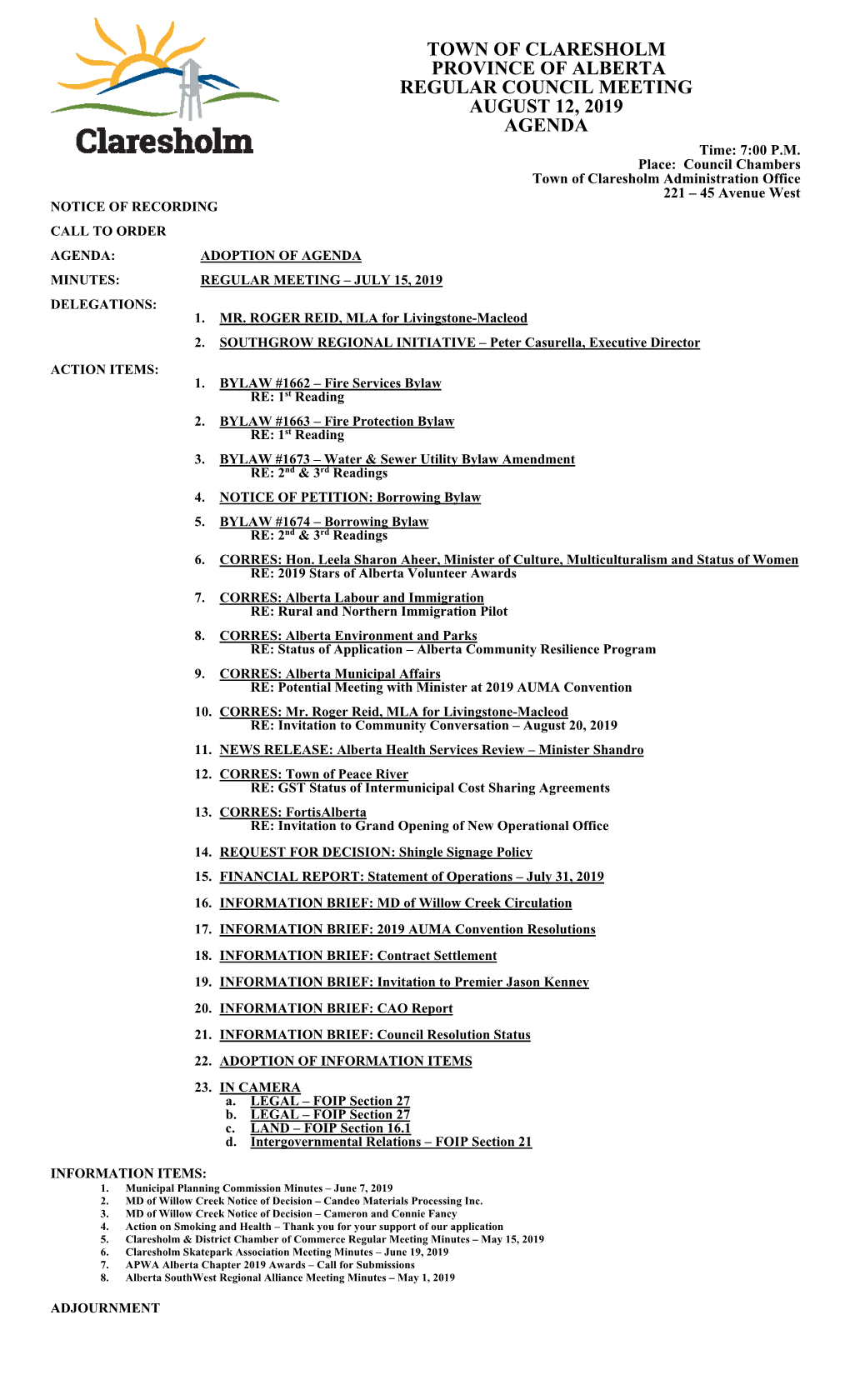 Town of Claresholm Province of Alberta Regular Council Meeting August 12, 2019 Agenda