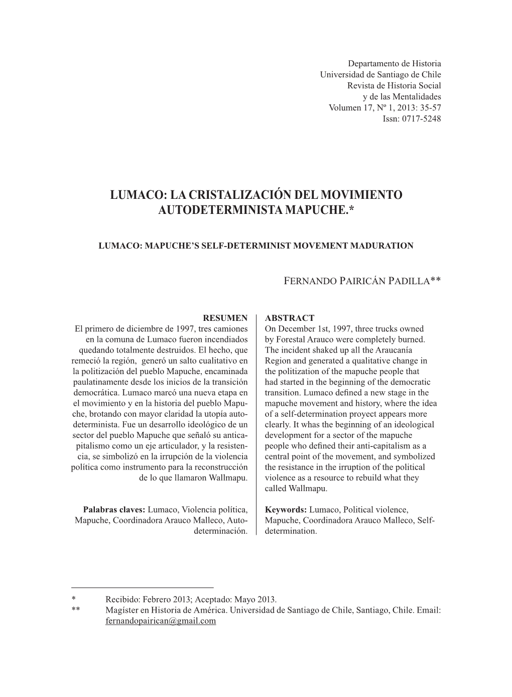 La Cristalización Del Movimiento Autodeterminista Mapuche.*