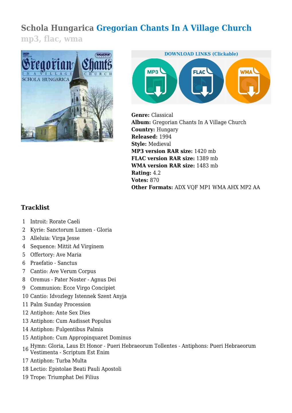 Schola Hungarica Gregorian Chants in a Village Church Mp3, Flac, Wma