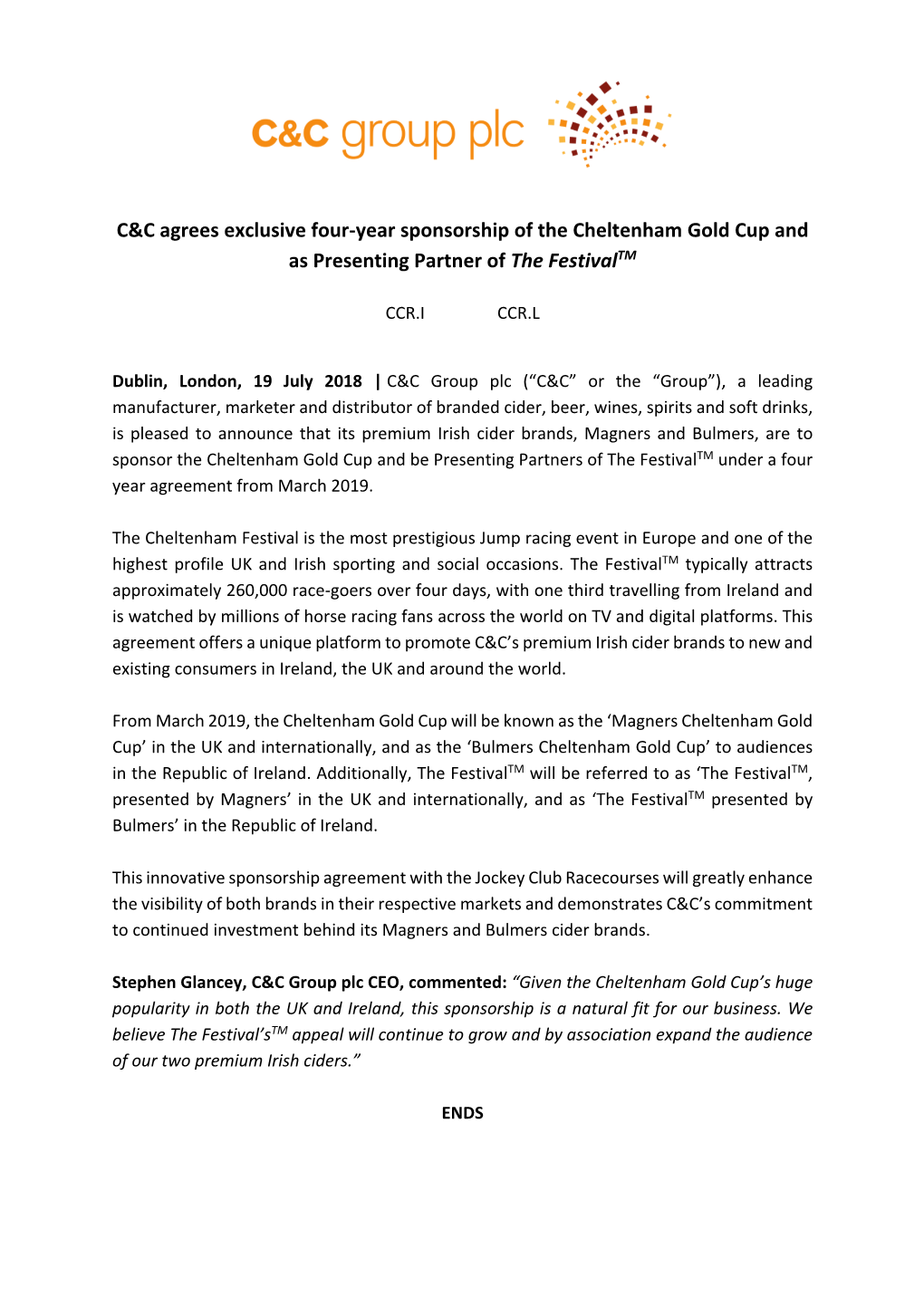 C&C Agrees Exclusive Four-Year Sponsorship of the Cheltenham