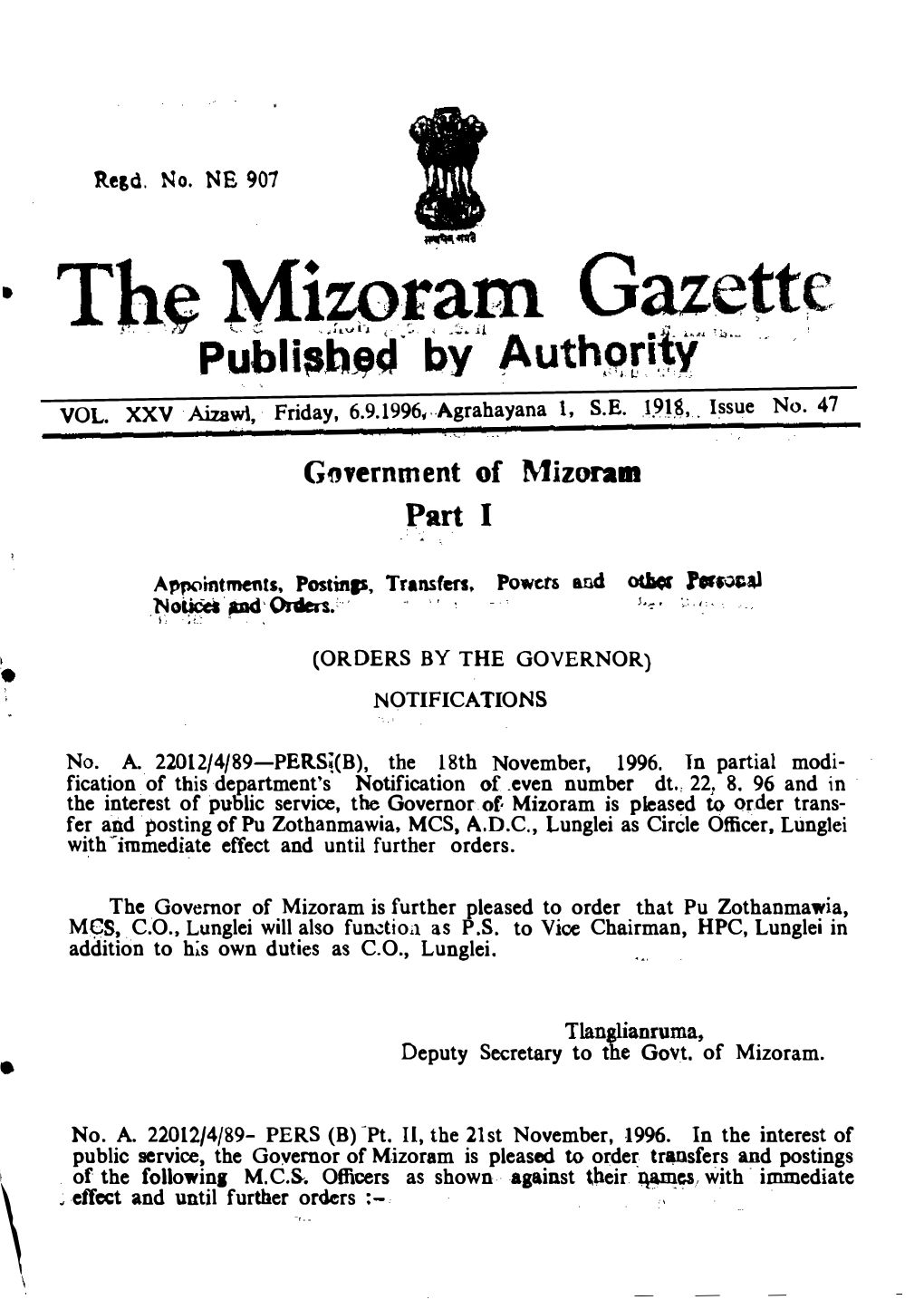 Gnvernment of Mizoram Part I J'orfoilal