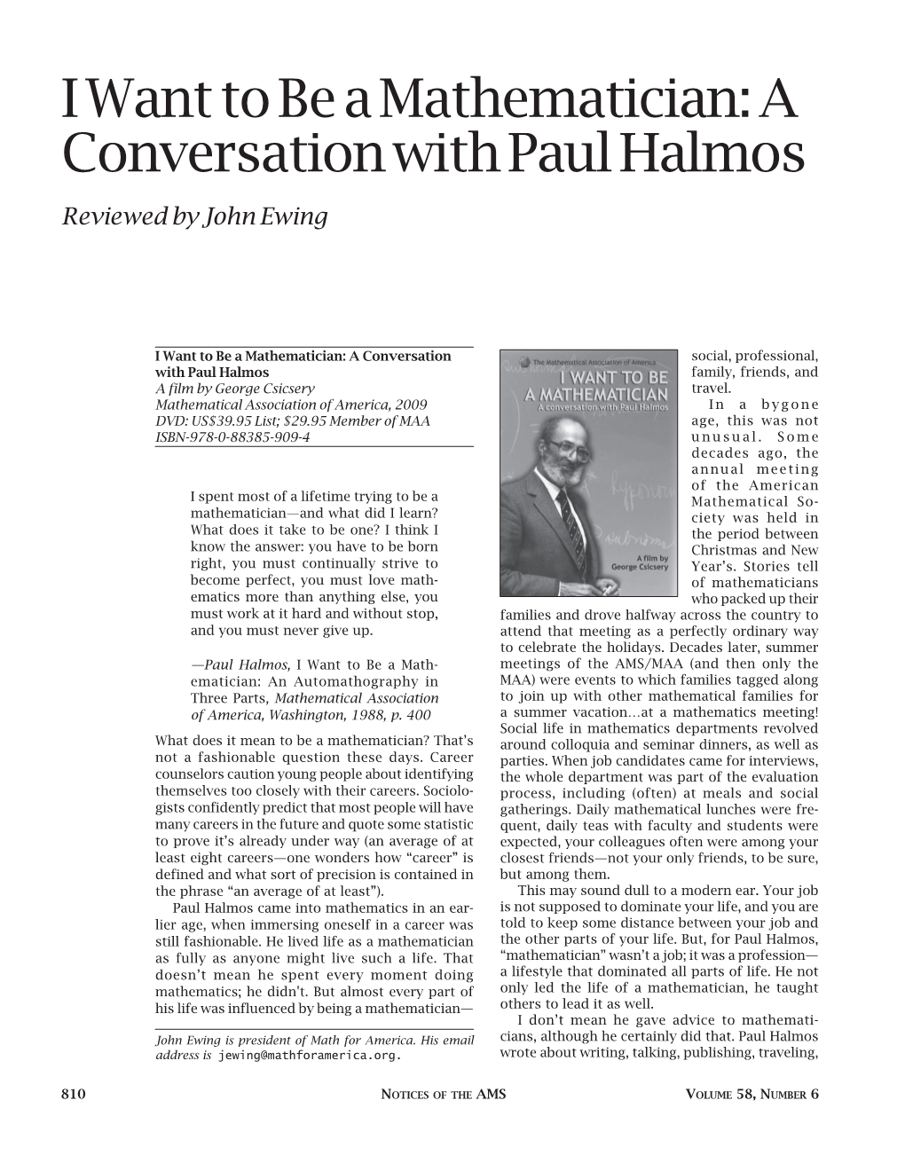 I Want to Be a Mathematician: a Conversation with Paul Halmos