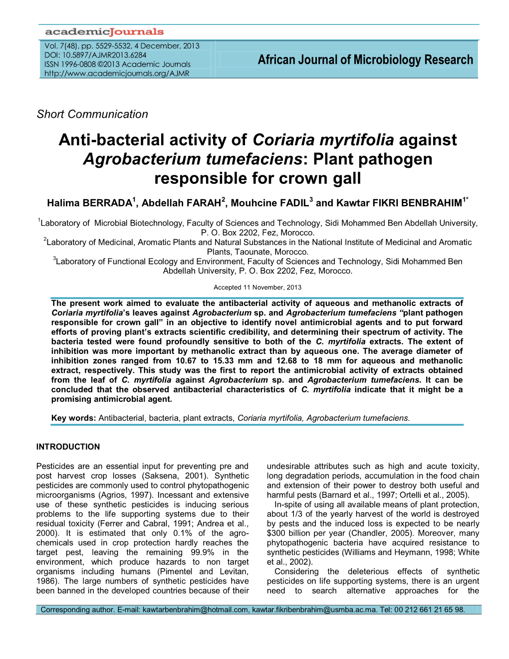 Anti-Bacterial Activity of Coriaria Myrtifolia Against Agrobacterium Tumefaciens: Plant Pathogen Responsible for Crown Gall