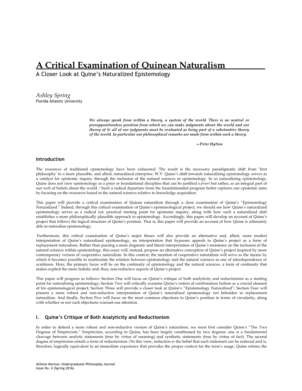 A Critical Examination of Quinean Naturalism______A Closer Look at Quine’S Naturalized Epistemology