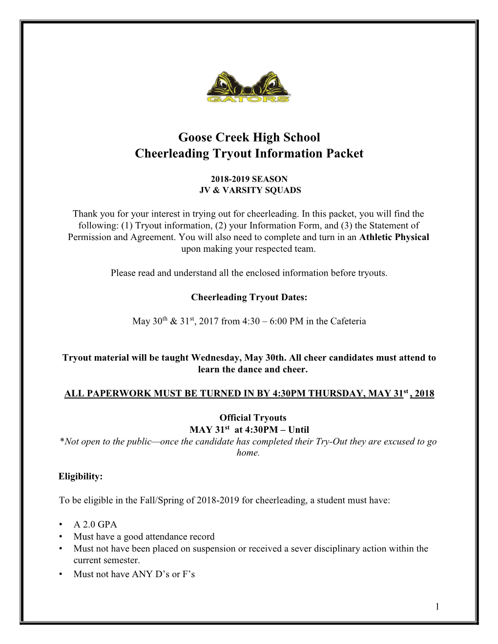 Goose Creek High School Cheerleading Tryout Information Packet