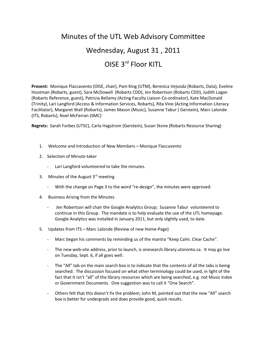 Minutes of the UTL Web Advisory Committee