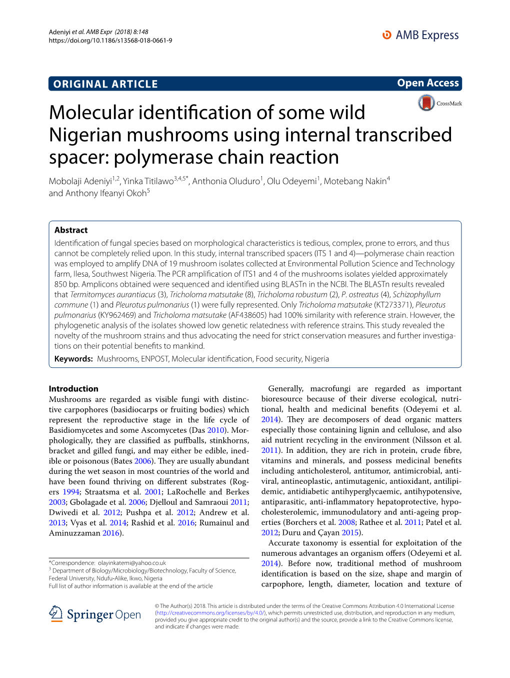 Molecular Identification of Some Wild Nigerian Mushrooms Using Internal