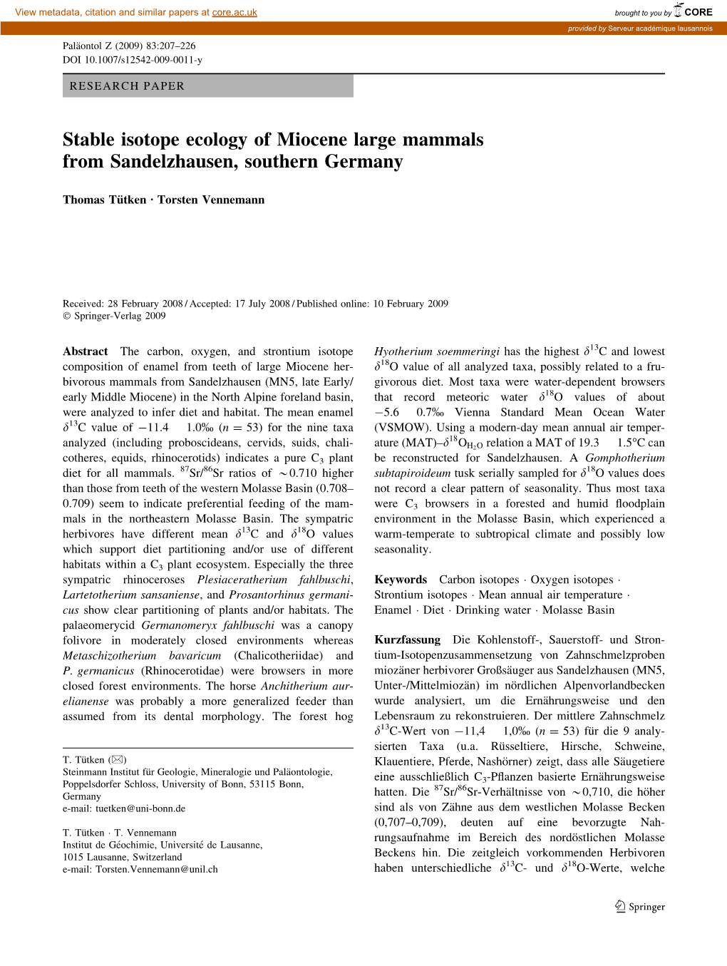 Stable Isotope Ecology of Miocene Large Mammals from Sandelzhausen, Southern Germany