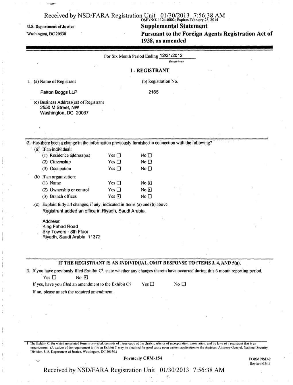 Received by NSD/FARA Registration Unit 01/30/2013 7:56:38 AM Tj.&I