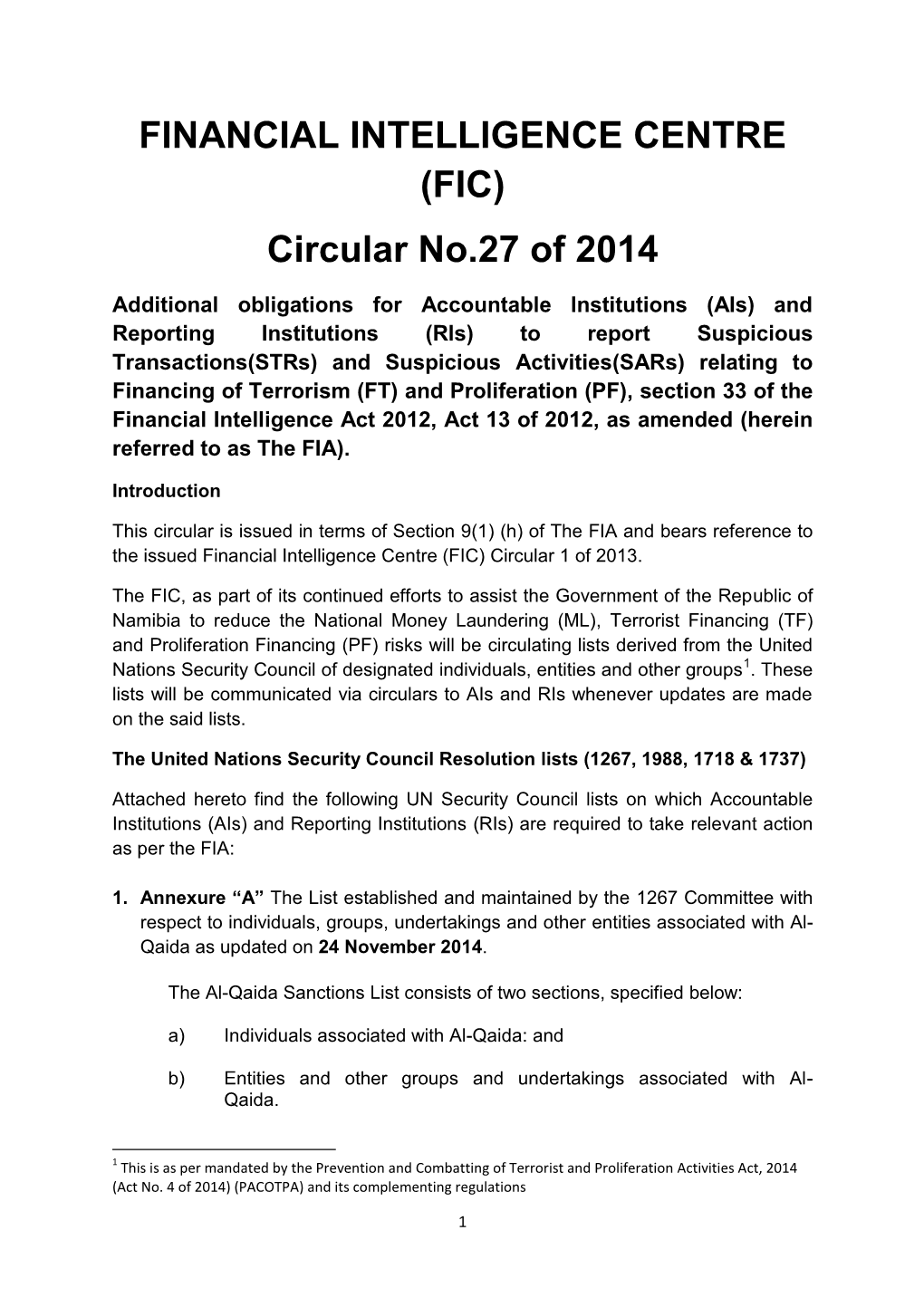 FINANCIAL INTELLIGENCE CENTRE (FIC) Circular No.27 of 2014