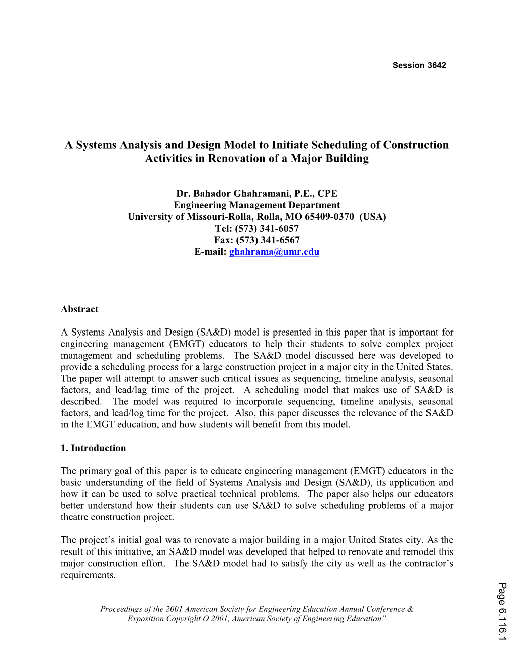 A Systems Analysis and Design Model to Initiate Scheduling of Construction Activities in Renovation of a Major Building