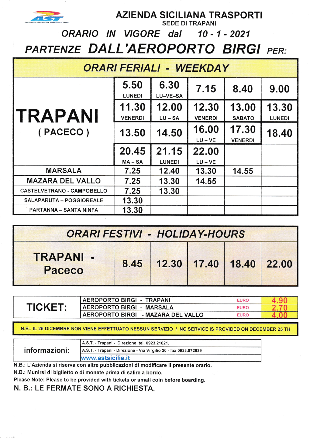 TRAPANI ORARIO Ln VIGORE Dal 70 - I - 2021 Partenae DALL'aeroporto BIRGI Per