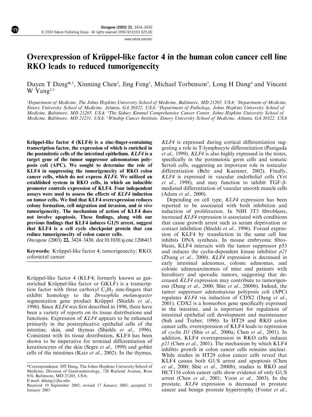 Overexpression of Kru¨Ppel-Like Factor 4 in the Human Colon Cancer Cell Line RKO Leads to Reduced Tumorigenecity