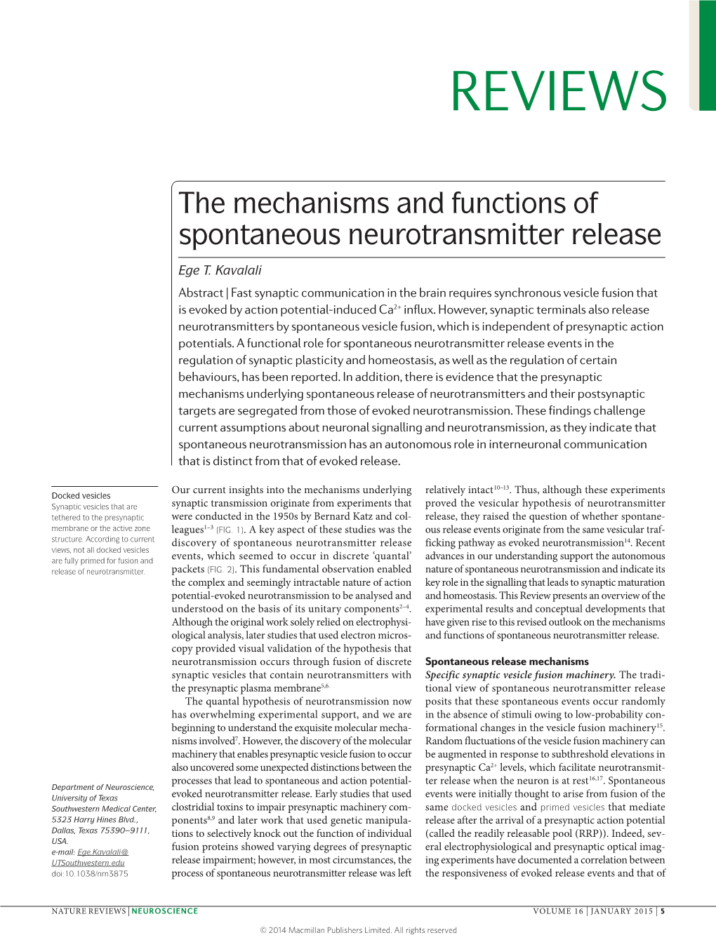 The Mechanisms and Functions of Spontaneous Neurotransmitter Release