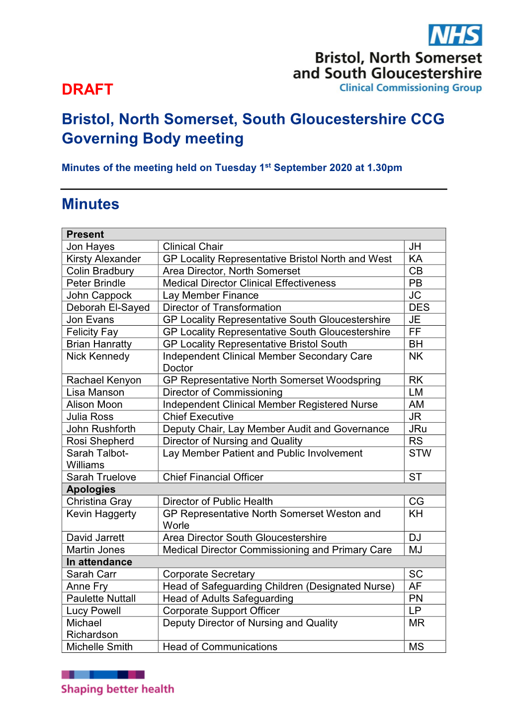 DRAFT Bristol, North Somerset, South Gloucestershire CCG Governing Body Meeting