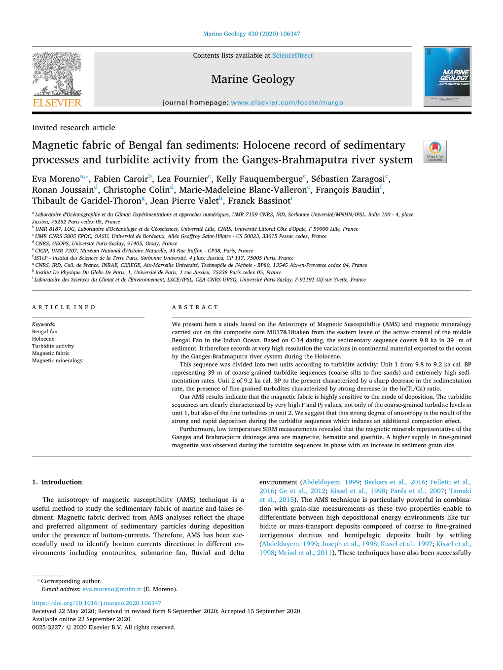 Magnetic Fabric of Bengal Fan Sediments Holocene Record Of