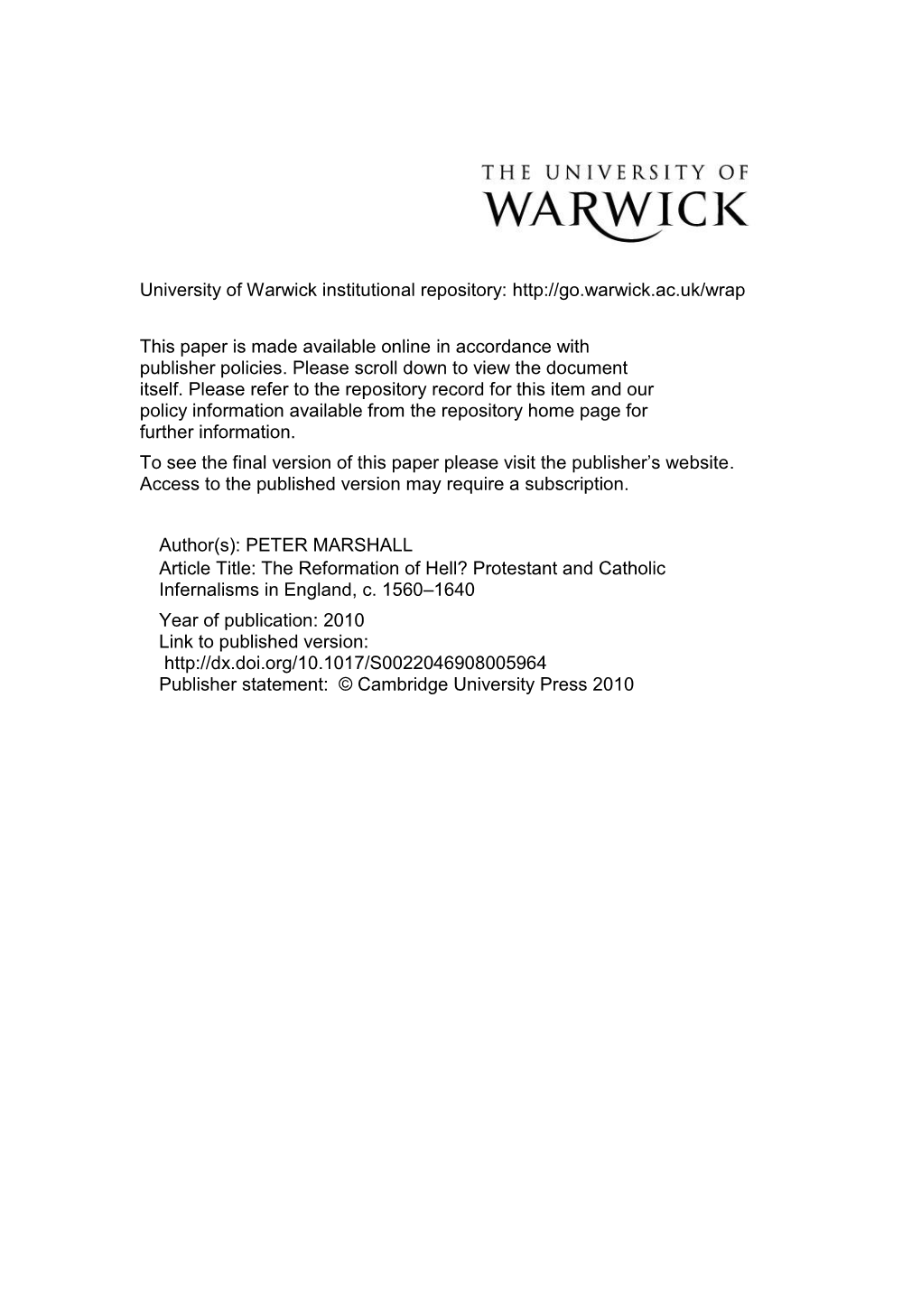 The Reformation of Hell? Protestant and Catholic Infernalisms in England, C