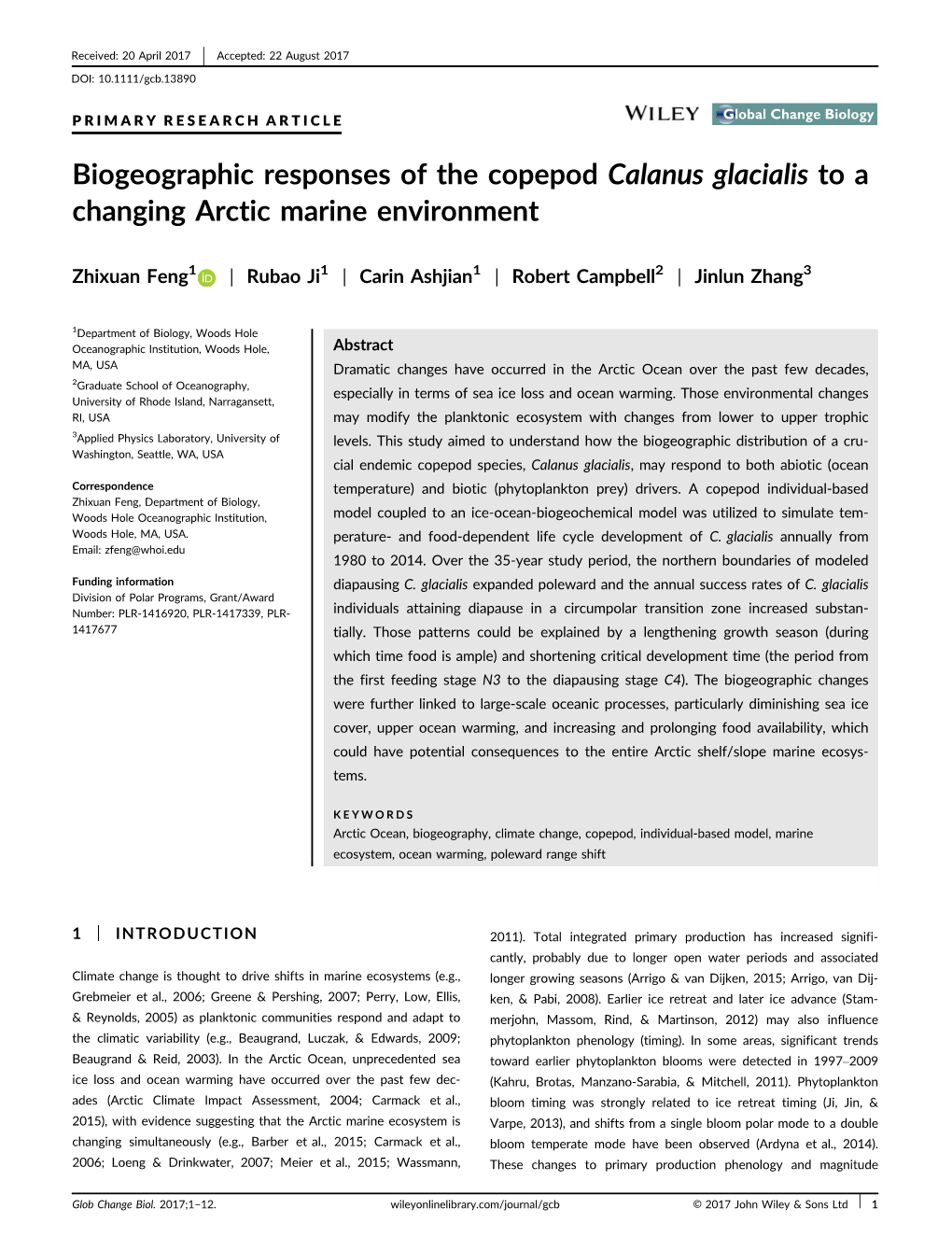 Biogeographic Responses of the Copepod Calanus Glacialis to a Changing Arctic Marine Environment