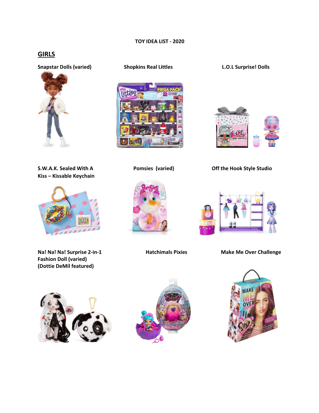 Toy Idea List - 2020 Girls