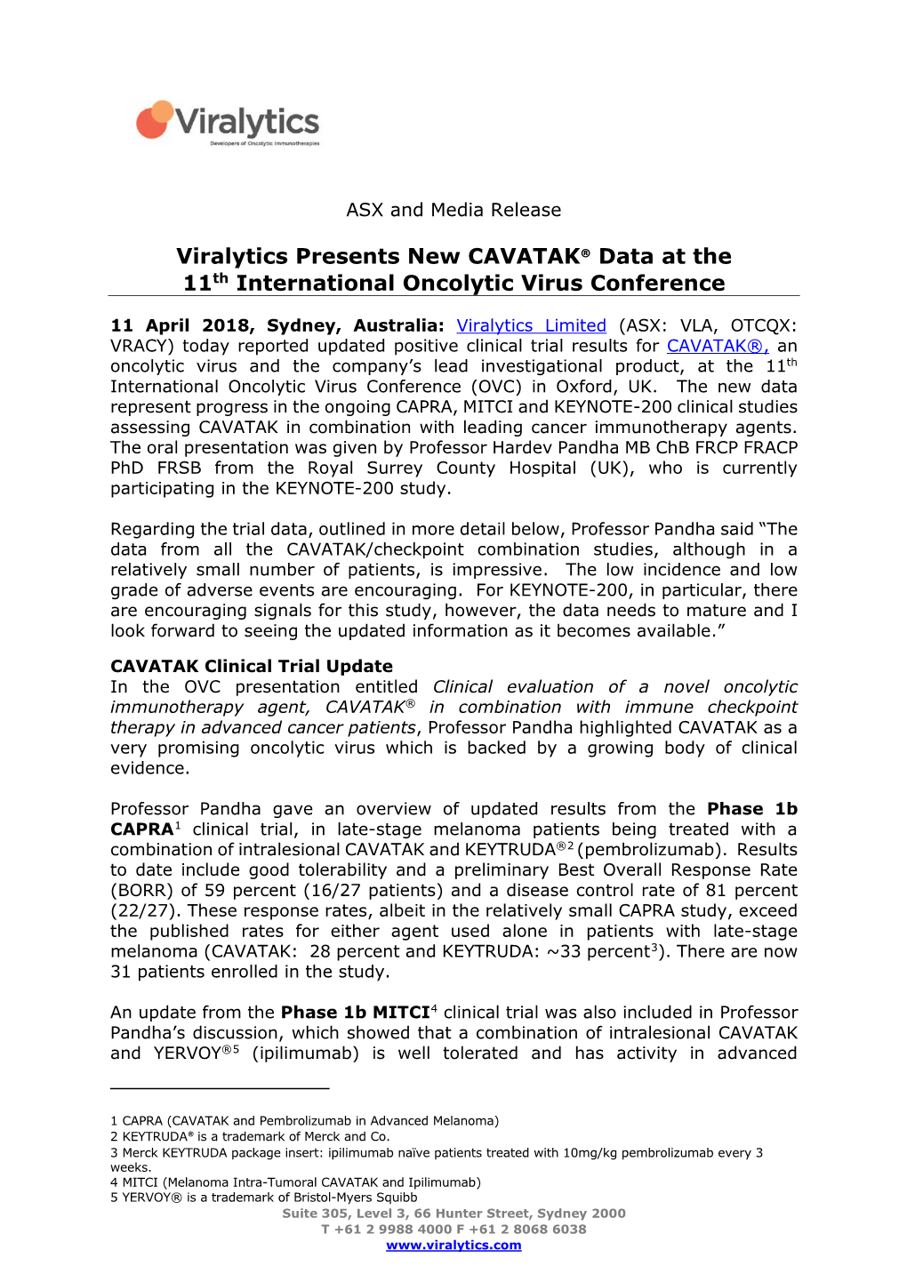 Viralytics Presents New CAVATAK® Data at the 11Th International Oncolytic Virus Conference