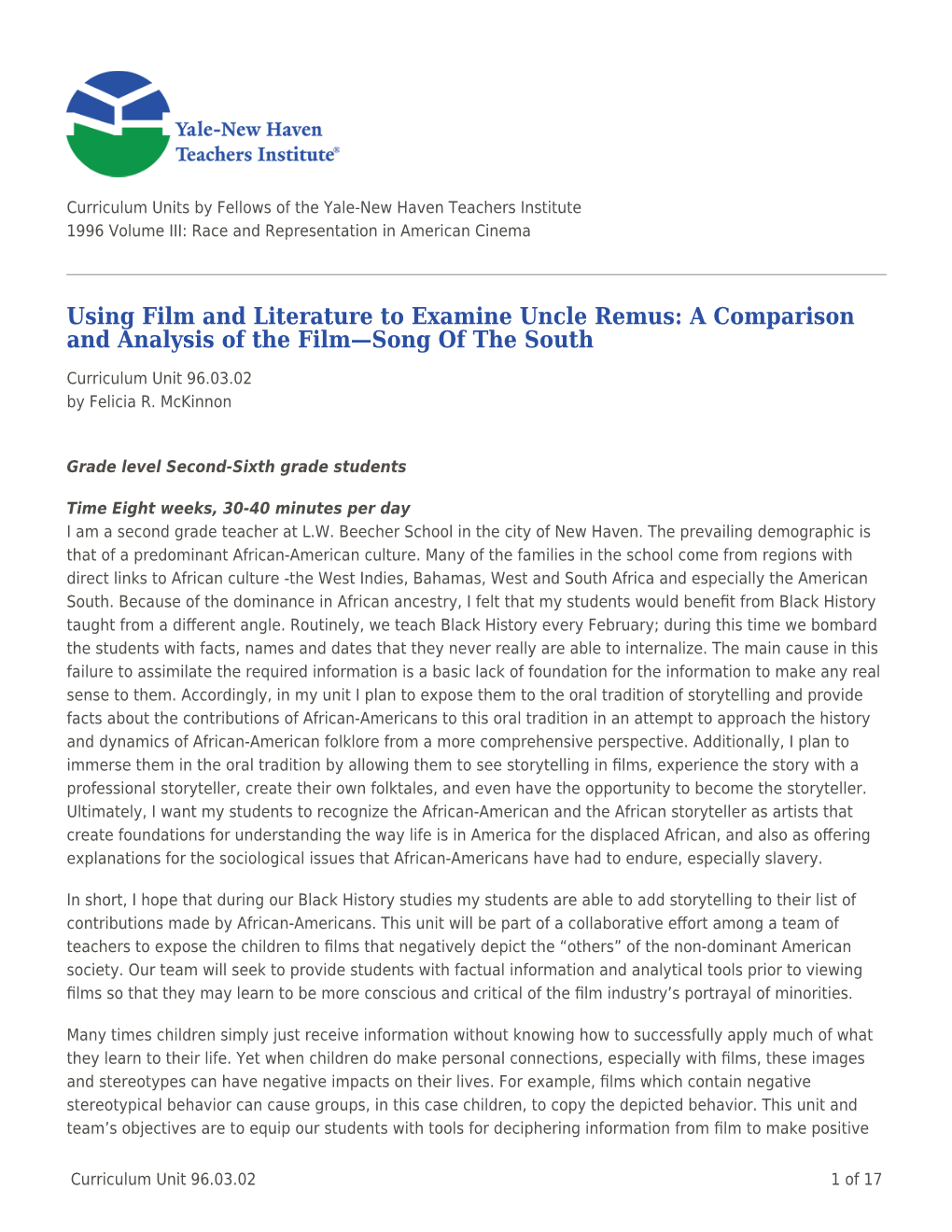 Using Film and Literature to Examine Uncle Remus: a Comparison and Analysis of the Film—Song of the South