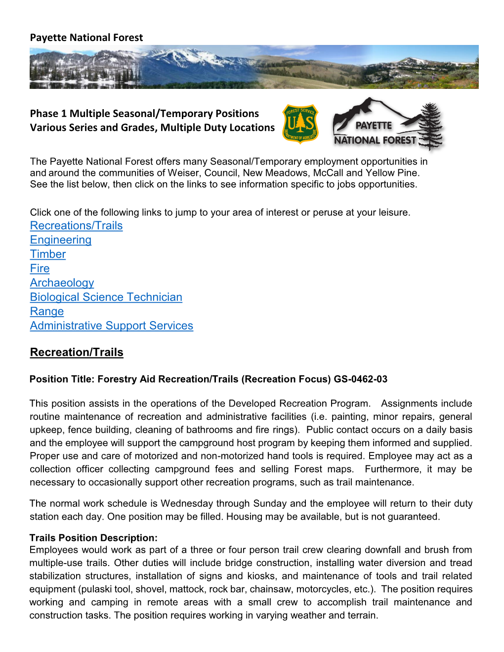 Payette National Forest Recreations/Trails Engineering