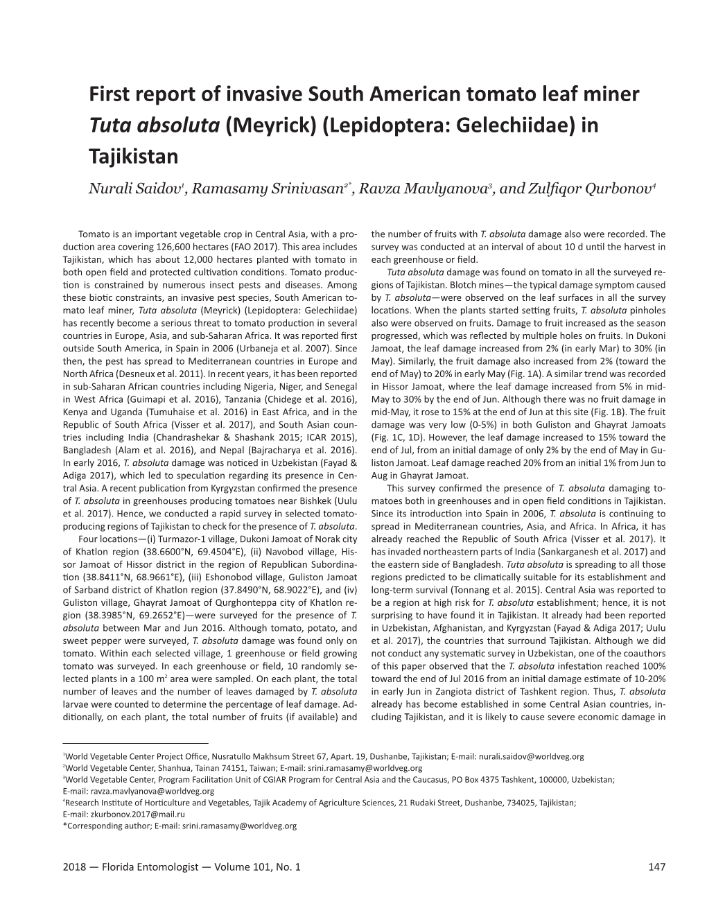 First Report of Invasive South American Tomato Leaf Miner Tuta Absoluta (Meyrick) (Lepidoptera: Gelechiidae) in Tajikistan