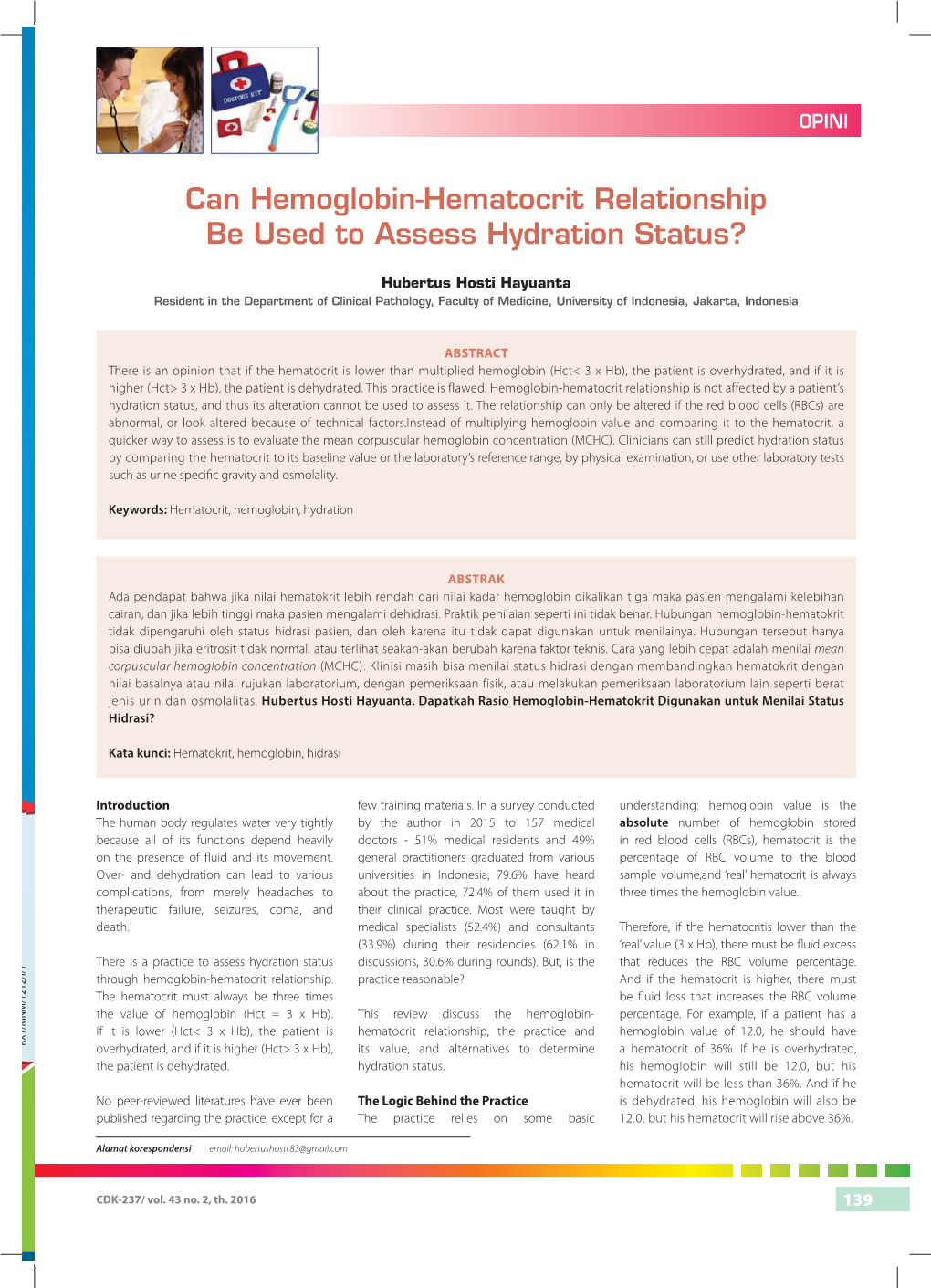 Can Hemoglobin-Hematocrit Relationship Be Used to Assess Hydration Status?